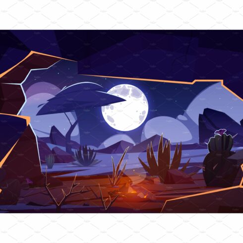 Cave with bonfire and night desert cover image.