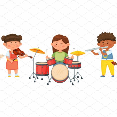 Kids music band, cartoon children cover image.