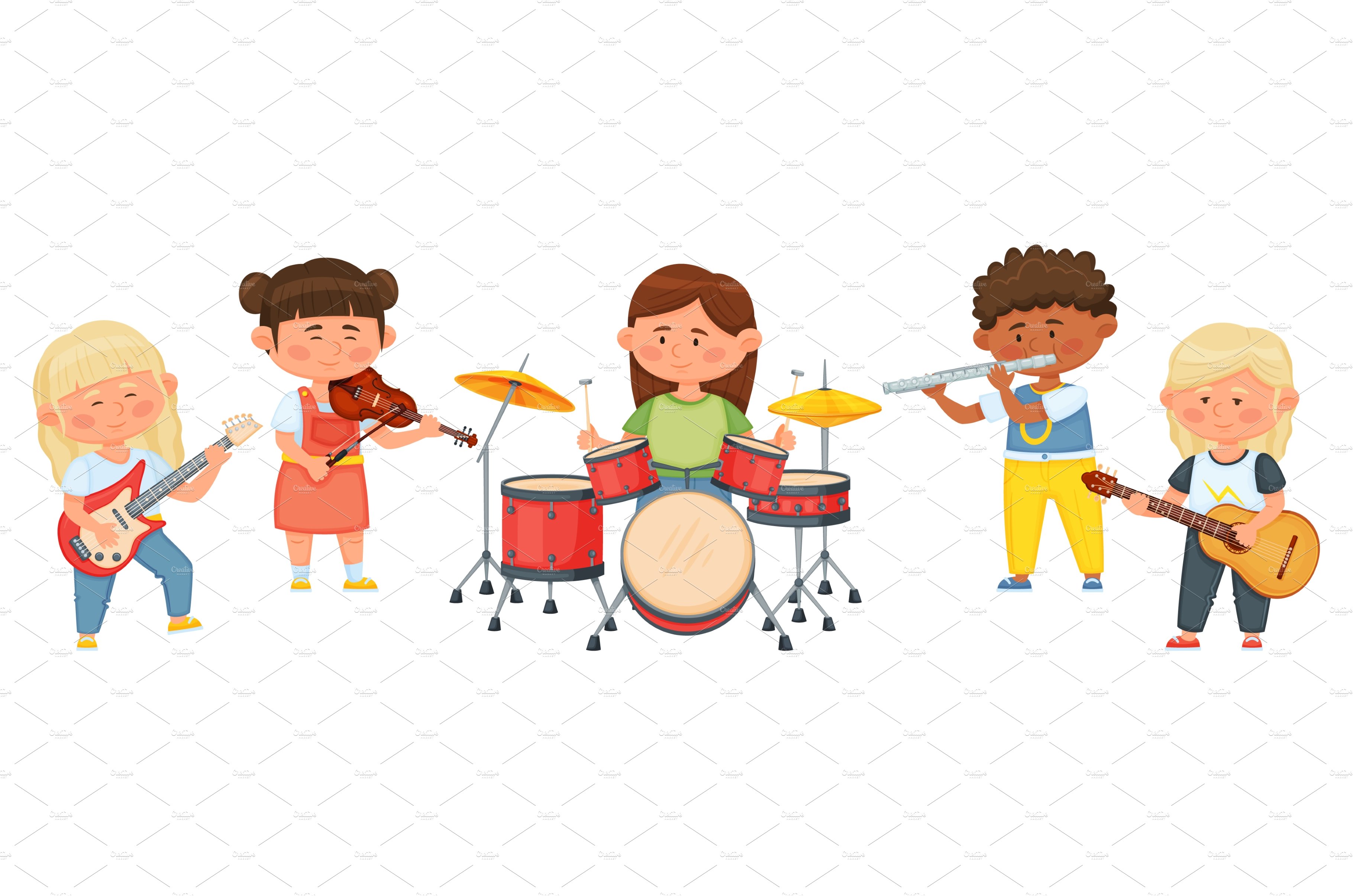 Kids music band, cartoon children cover image.