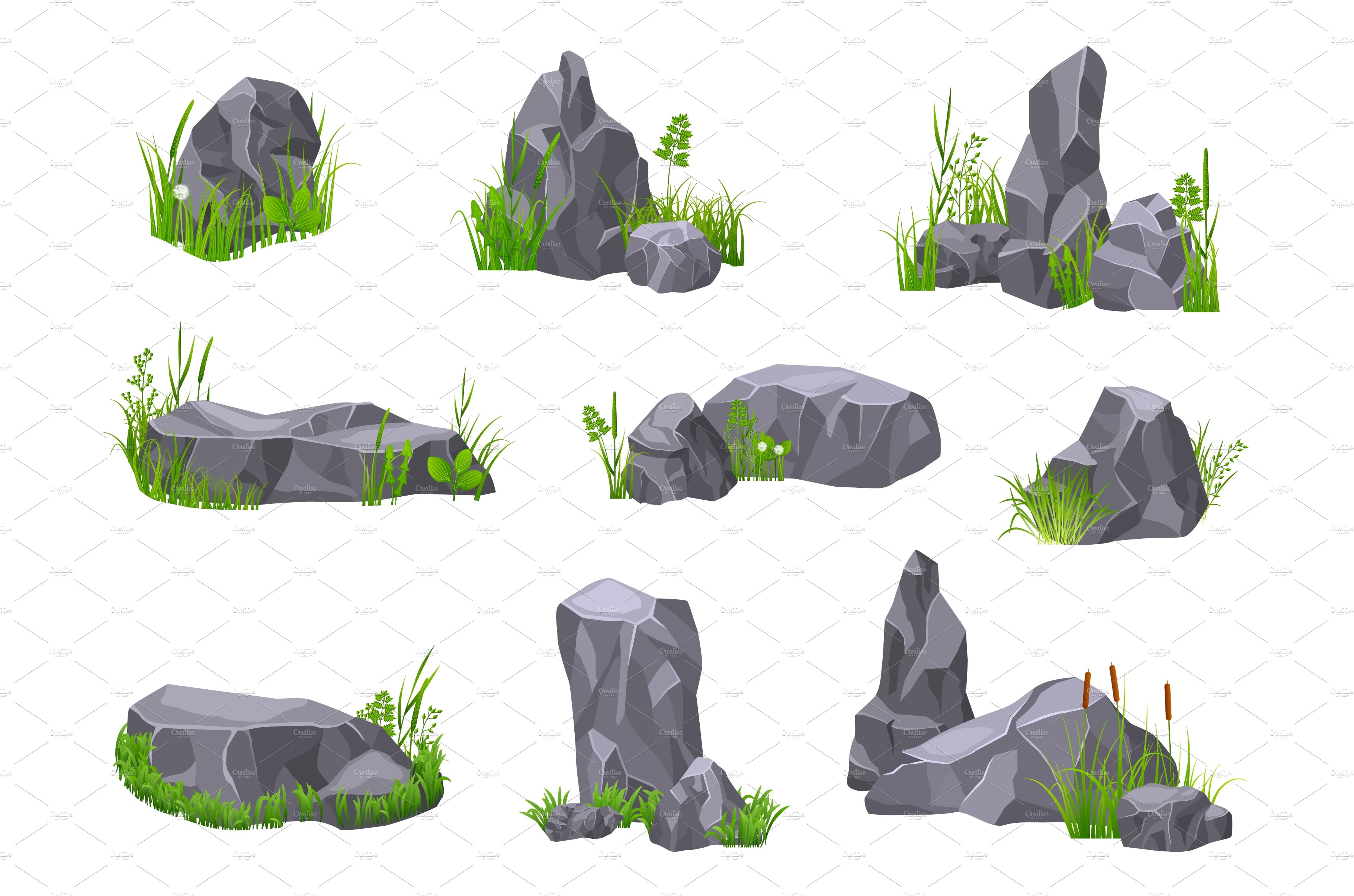 Stones in grass. 3d rocks, gravel cover image.