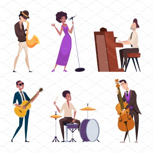 Jazz characters. Music band with cover image.