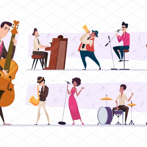 Jazz band. Cartoon musicians cover image.