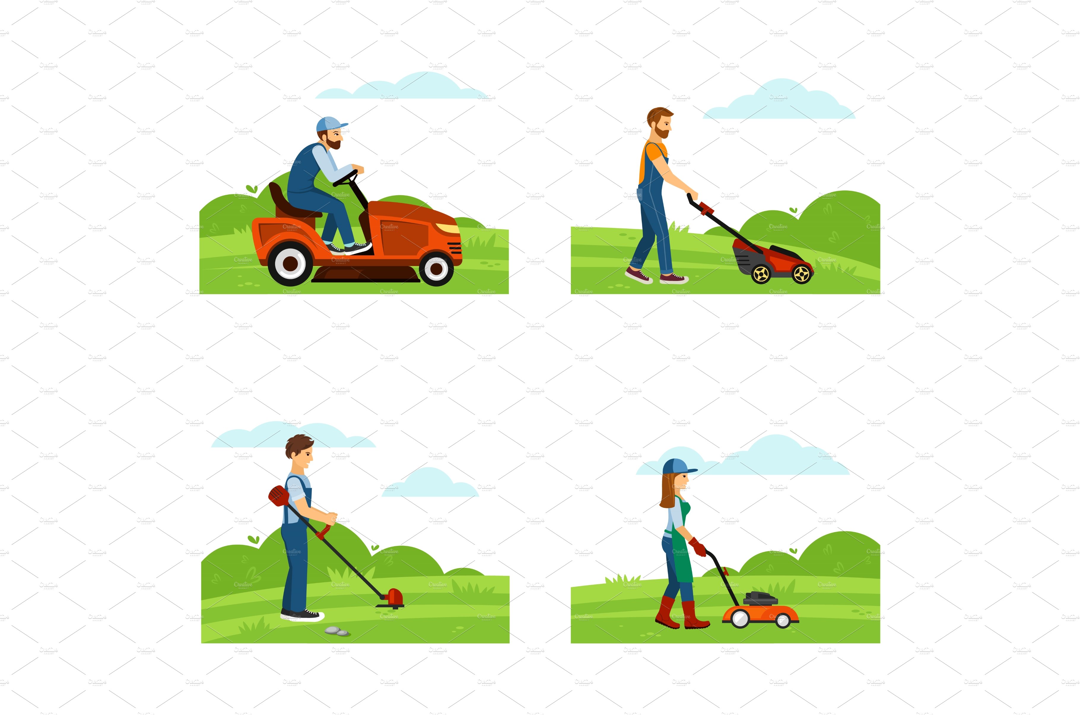 people cutting grass. house backyard cover image.