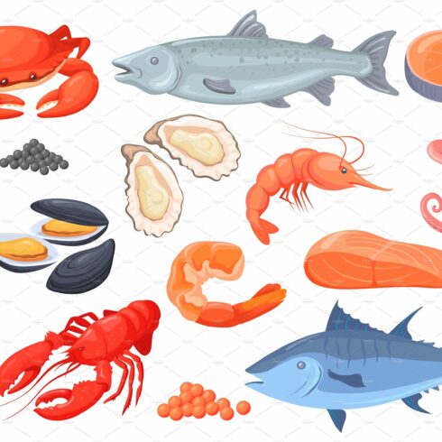 Cartoon raw seafood. Sea fish cover image.