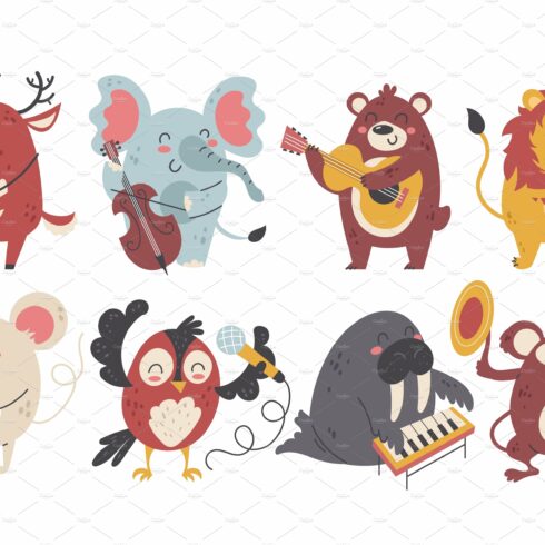 Animals musicians. Kids cartoon cover image.