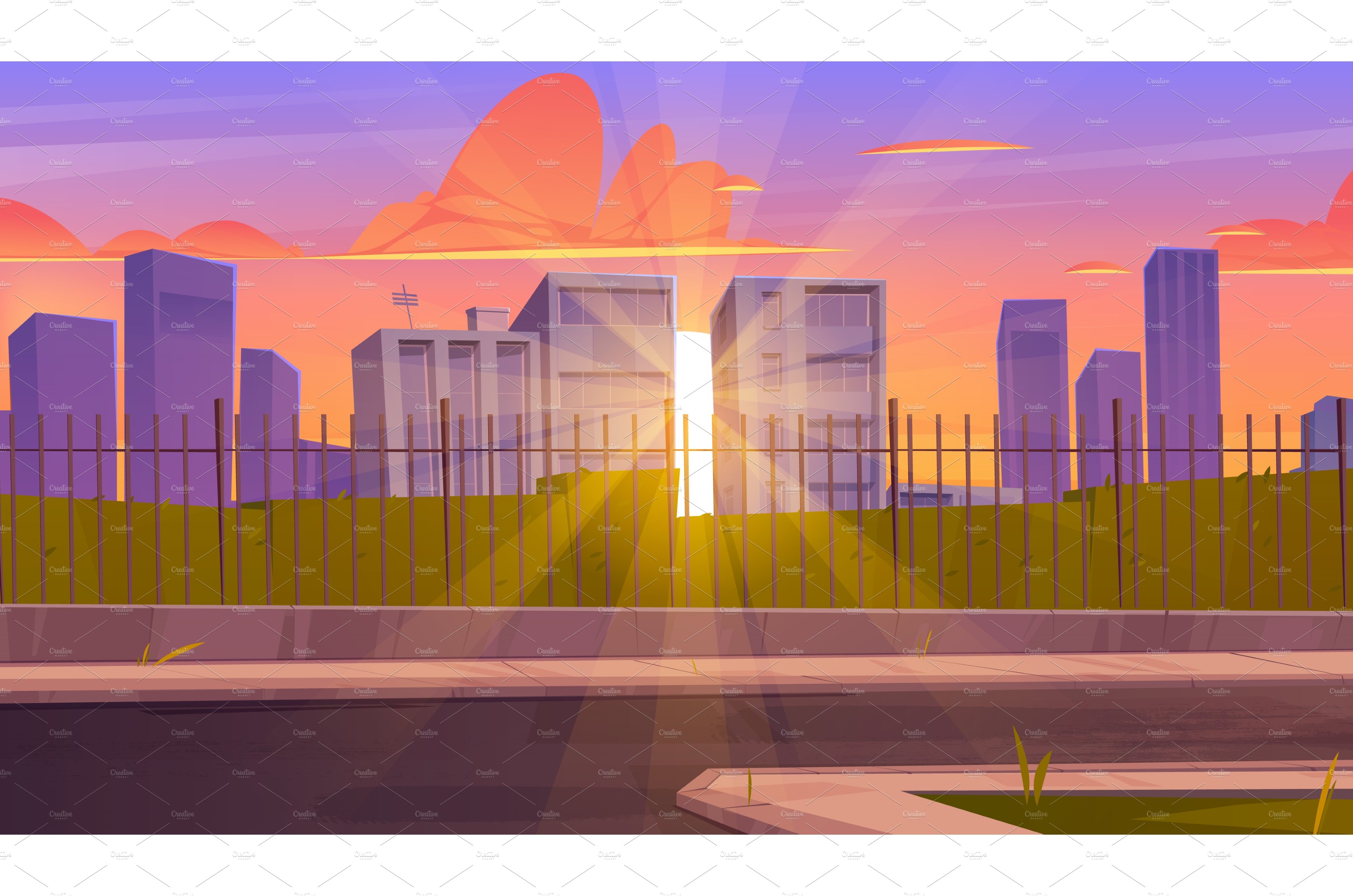 Sunset city skyline, urban cover image.