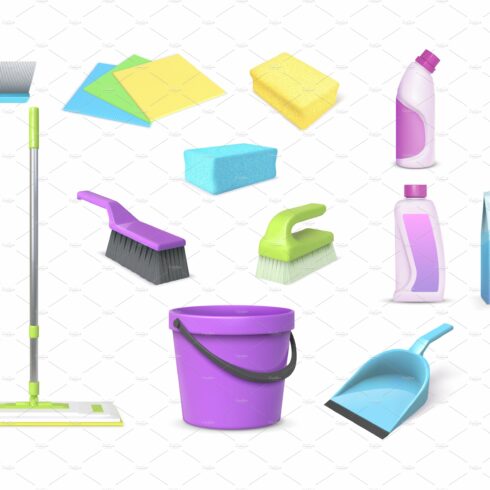 Realistic 3d home cleaning tools cover image.
