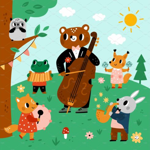 Animals musicians in forest cover image.