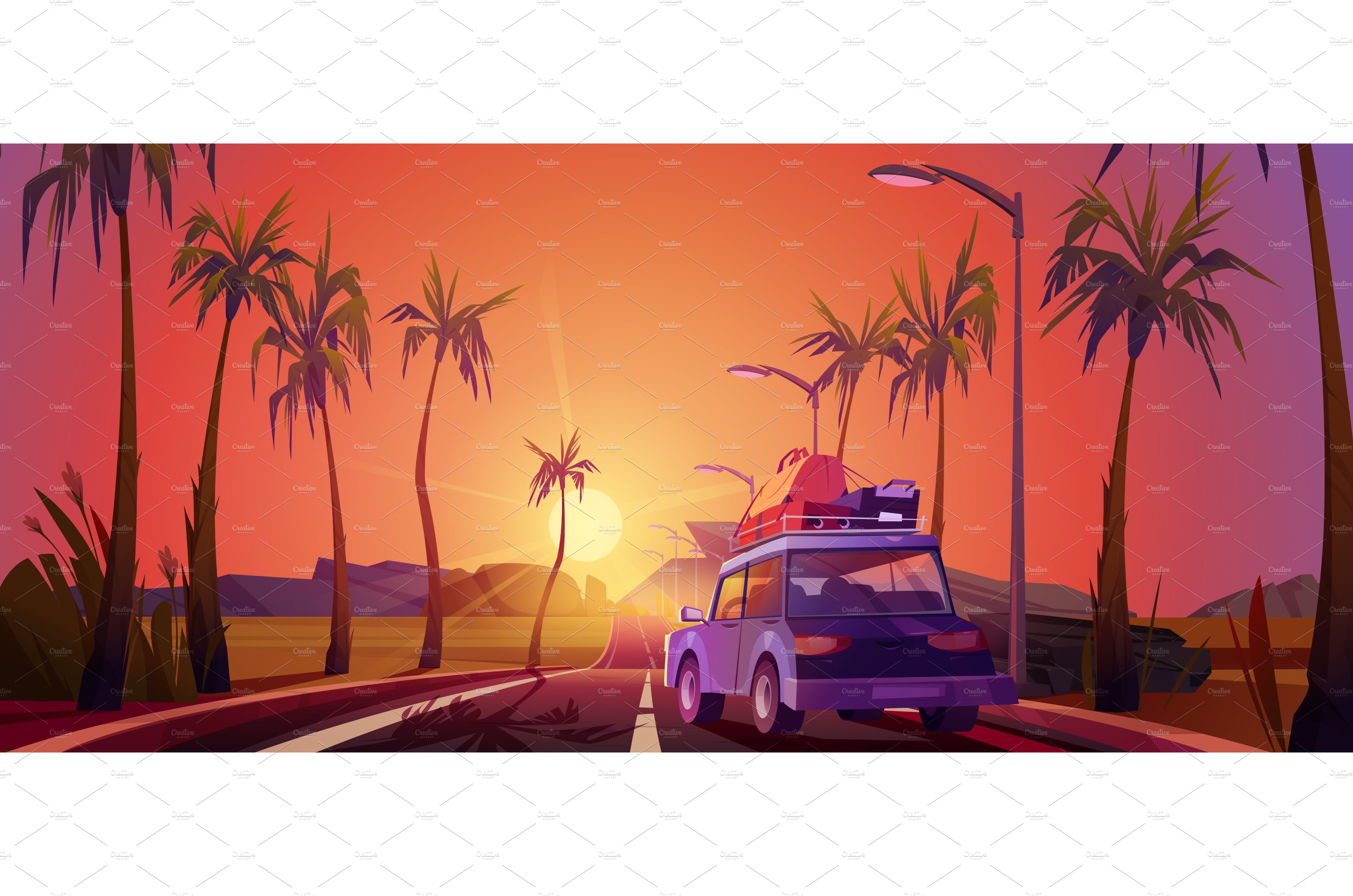 Tropical landscape with car with cover image.