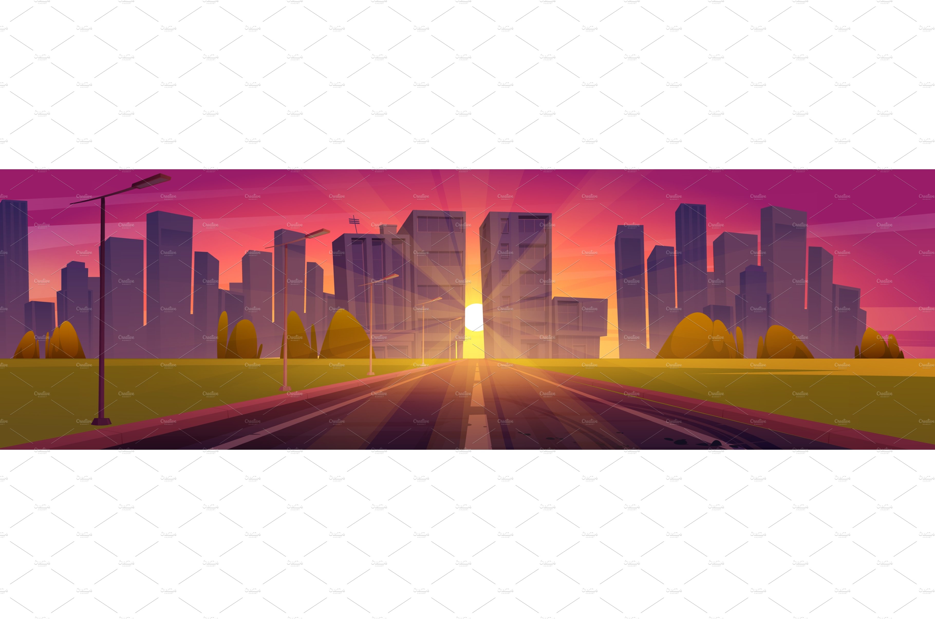 Road to city with buildings on cover image.