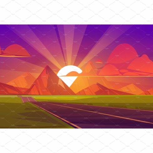 Road at mountains sunset, nature cover image.