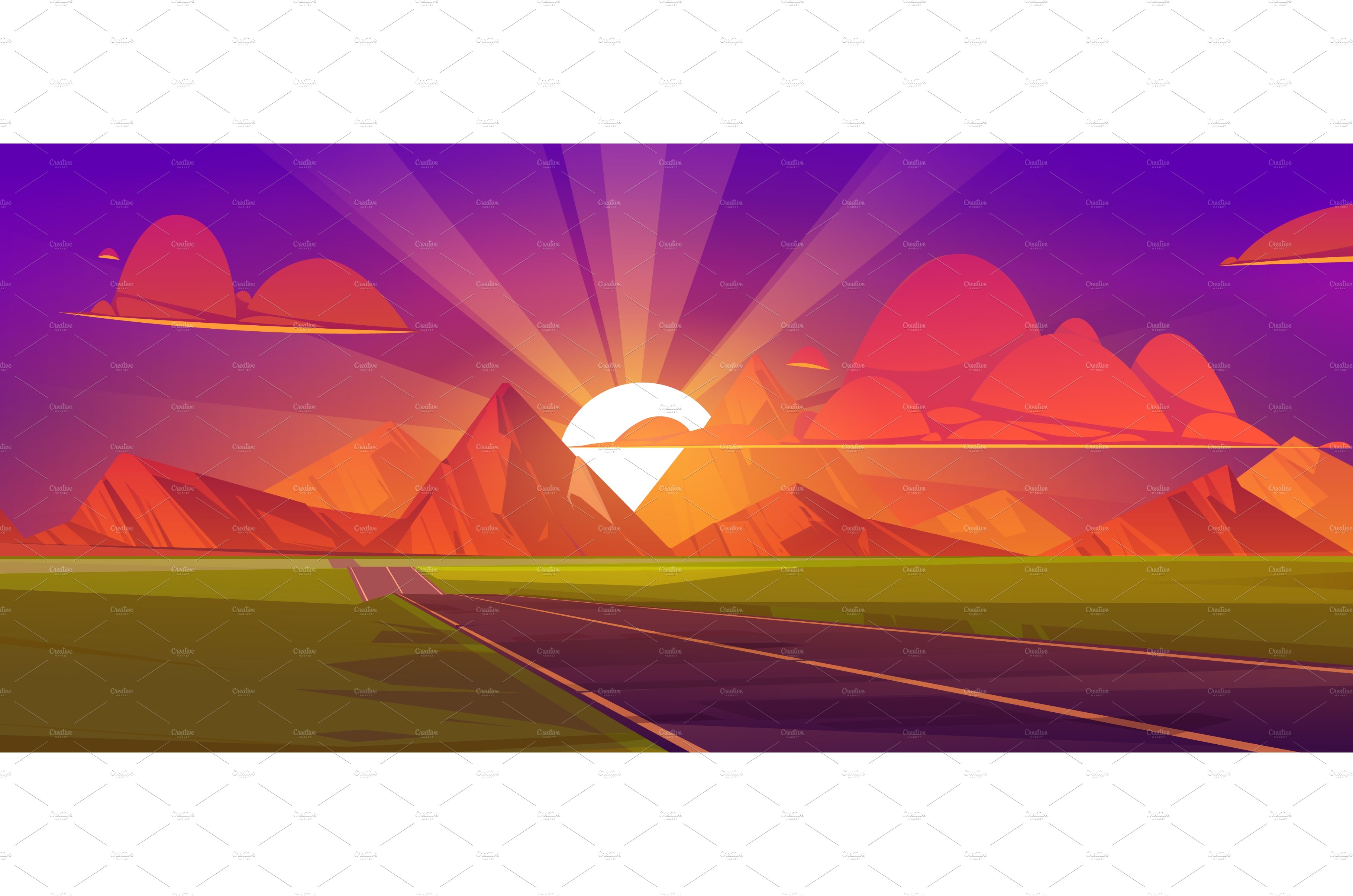 Road at mountains sunset, nature cover image.