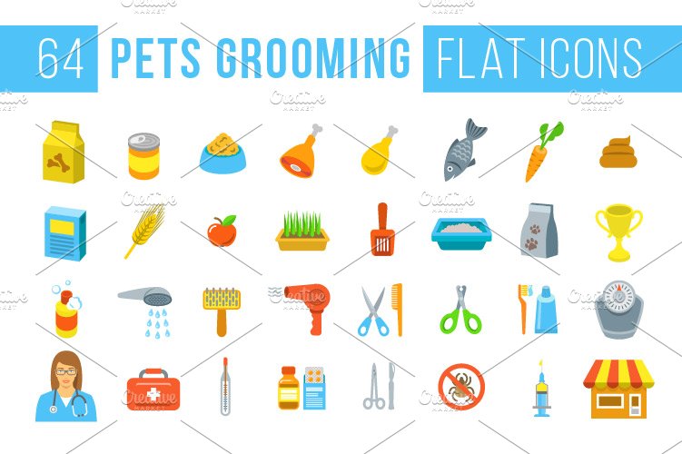 Animal Pets Grooming Flat Icons preview image.