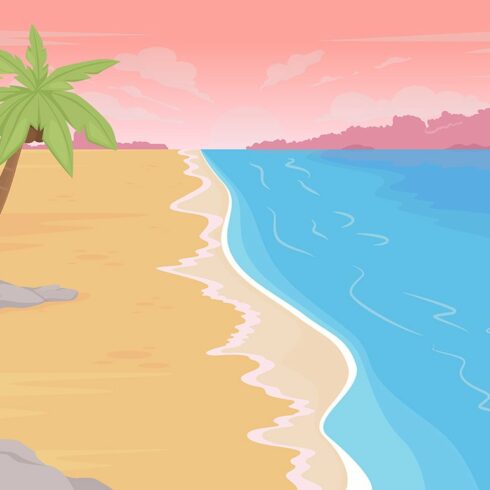 Beach sunset flat color illustration cover image.