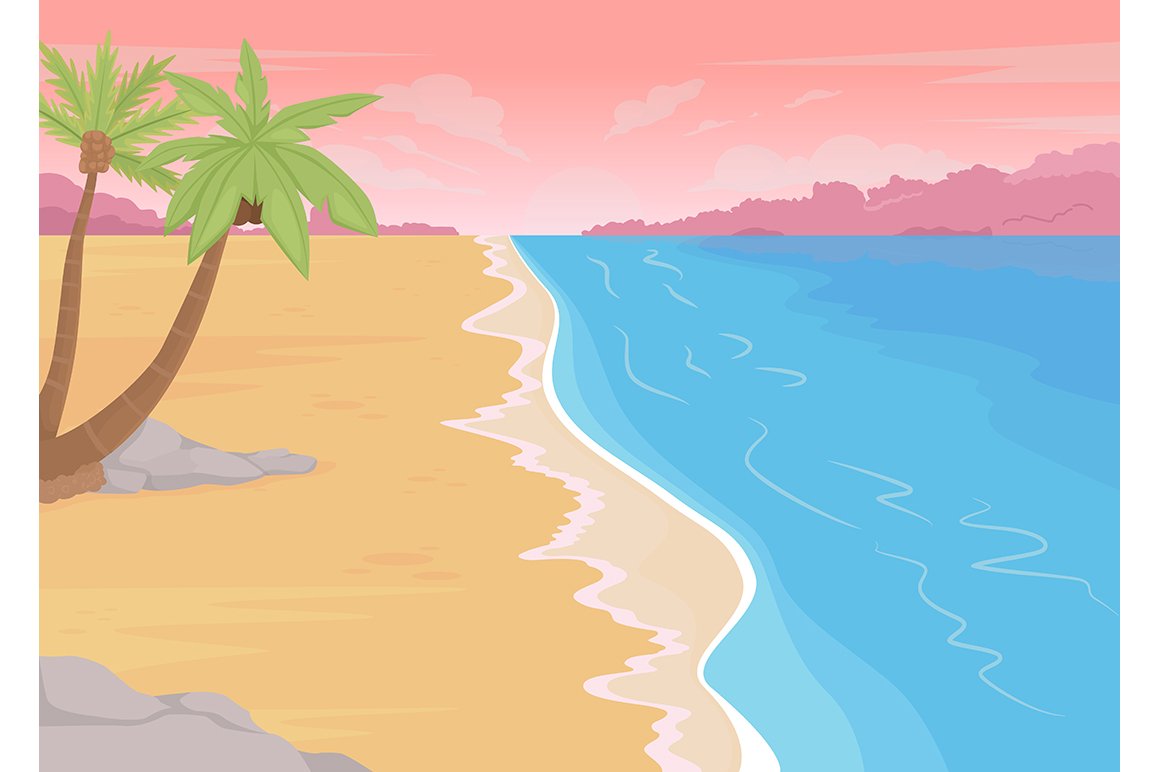 Beach sunset flat color illustration cover image.