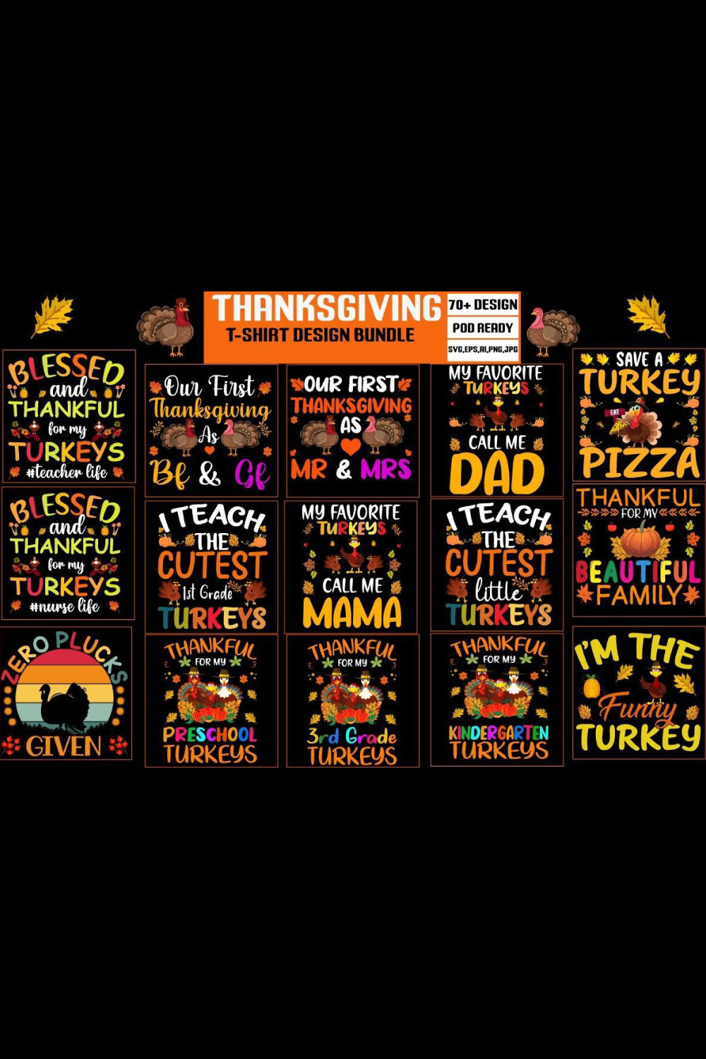 70 + Trendy thanksgiving t-shirt bundle  Thanksgiving– quotes T-shirt design pinterest preview image.