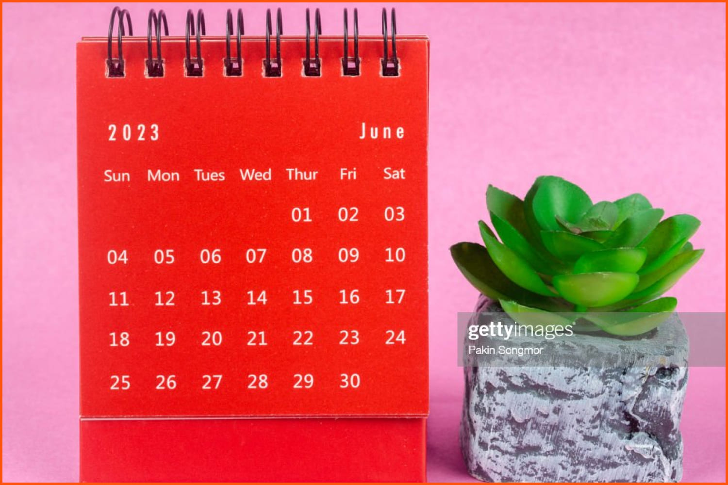 Red calendar for June and succulent in a pot next to it.