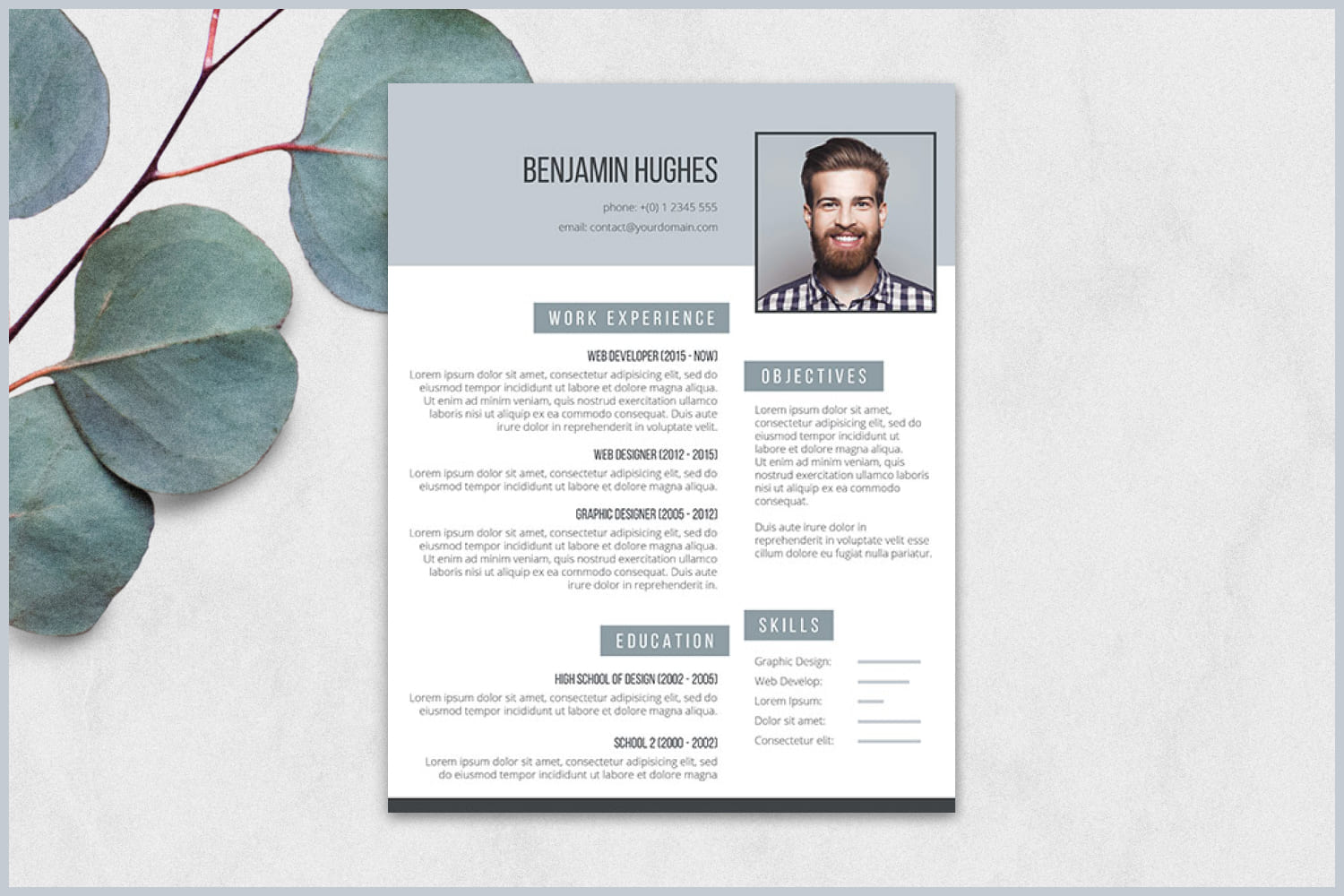 Resume with contacts, profile, experience and education with photo and gray color.