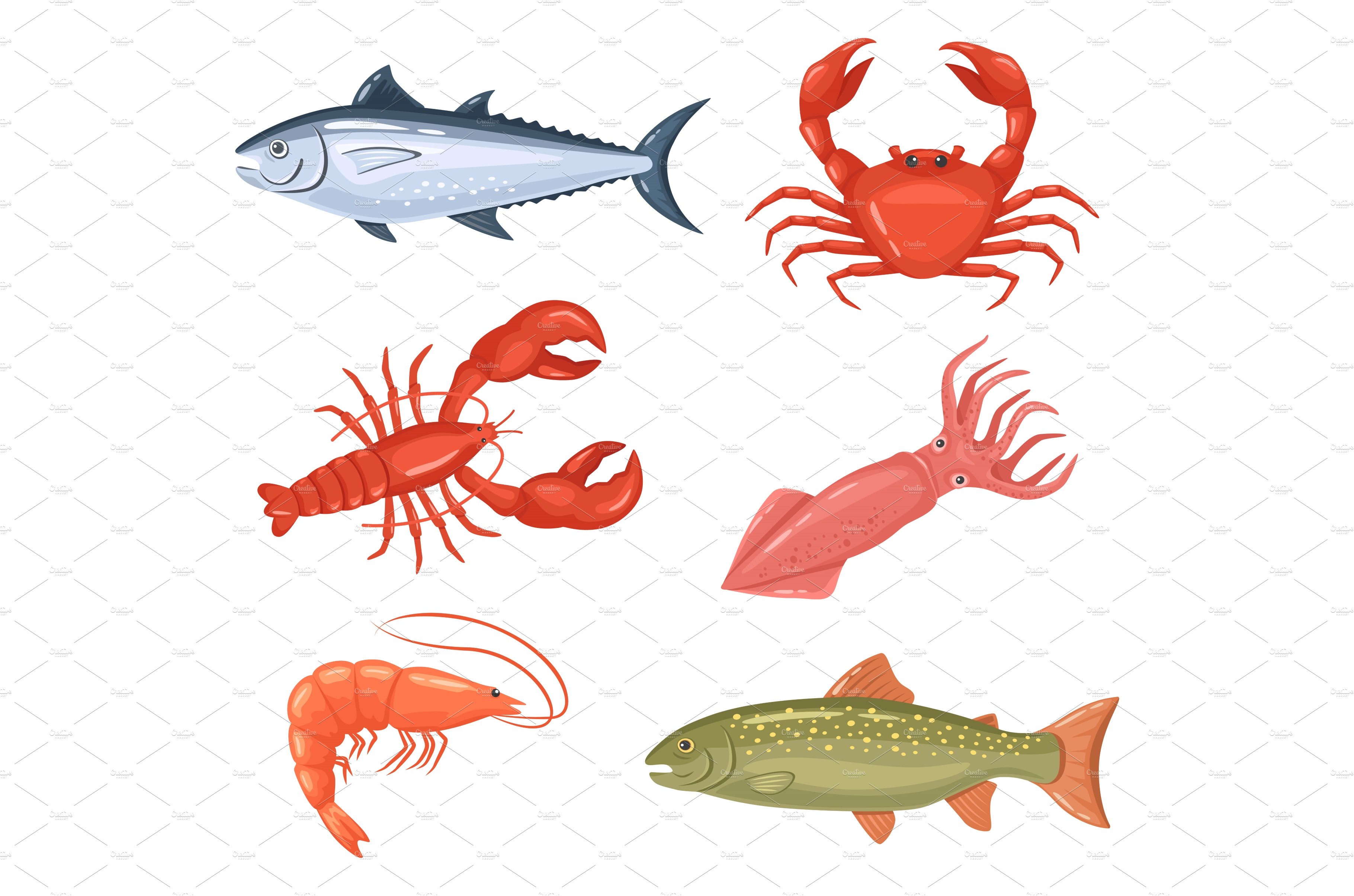 Cartoon seafood. Fresh fish, lobster cover image.