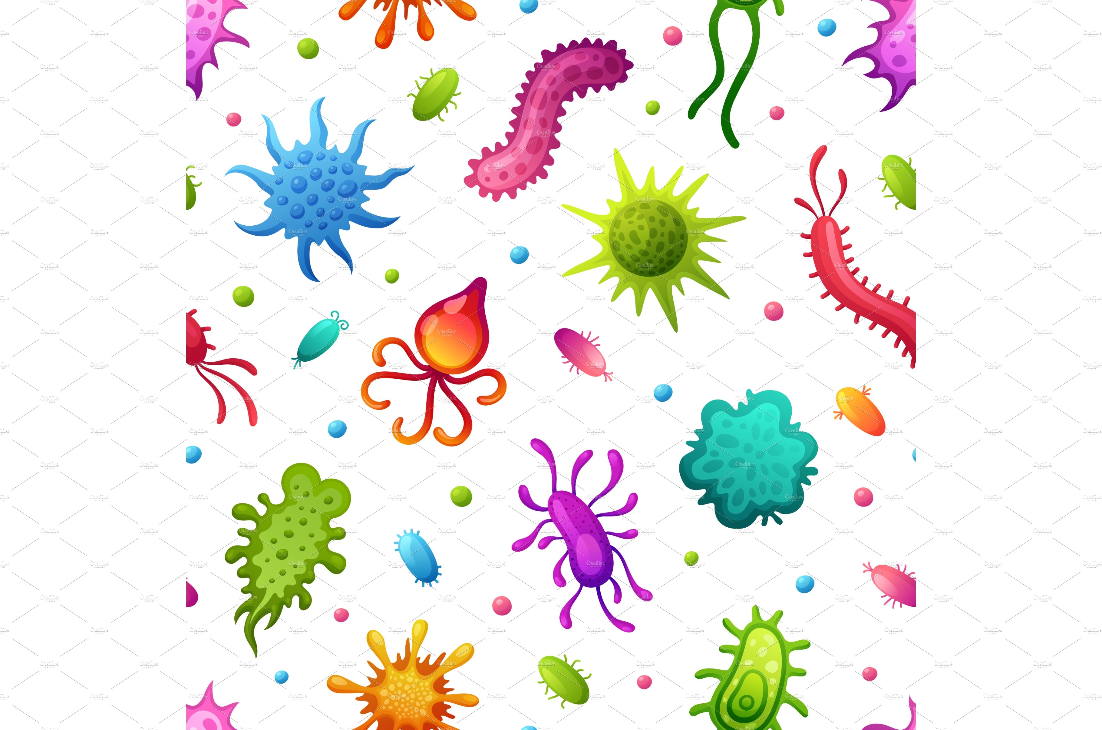 Microbes pattern. Cartoon microbe cover image.