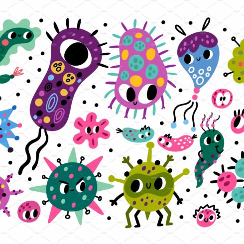 Cute bacteria characters. Funny cover image.
