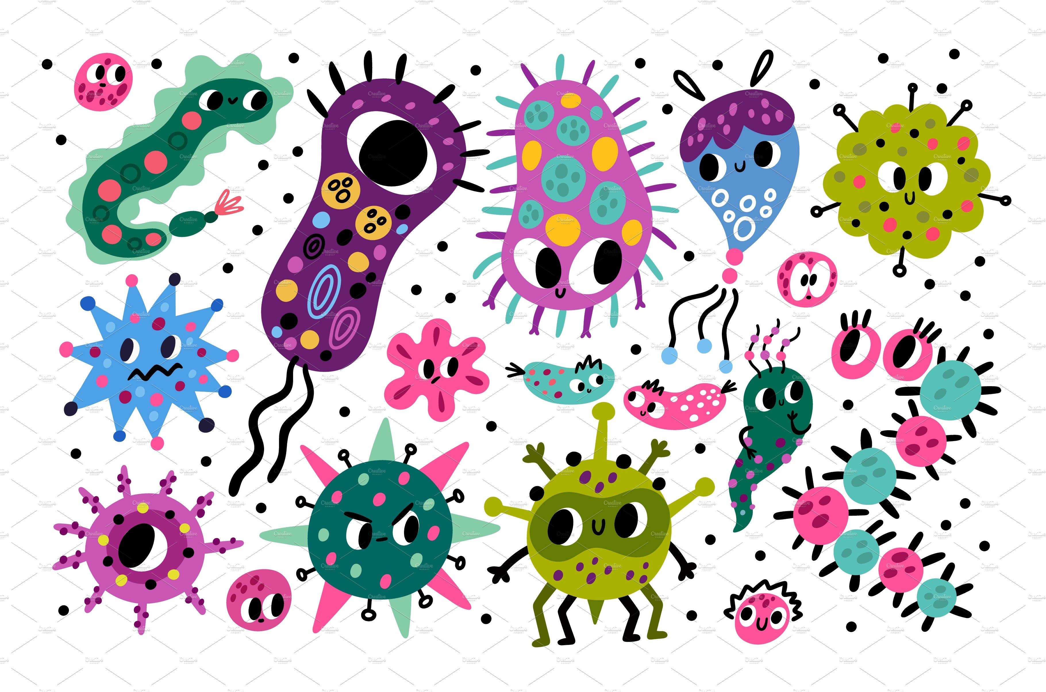 Cute bacteria characters. Funny cover image.