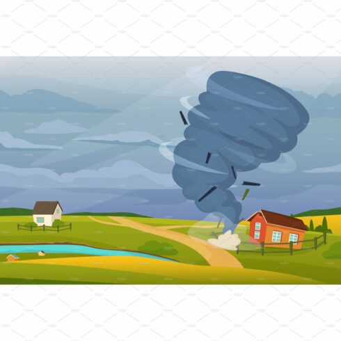 Cartoon rural landscape with tornado cover image.