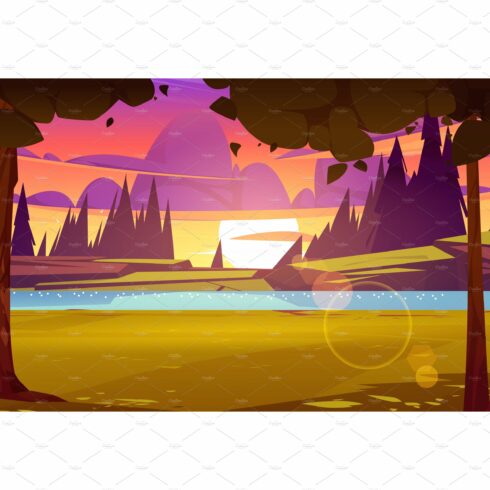 Sunset nature landscape, cartoon cover image.