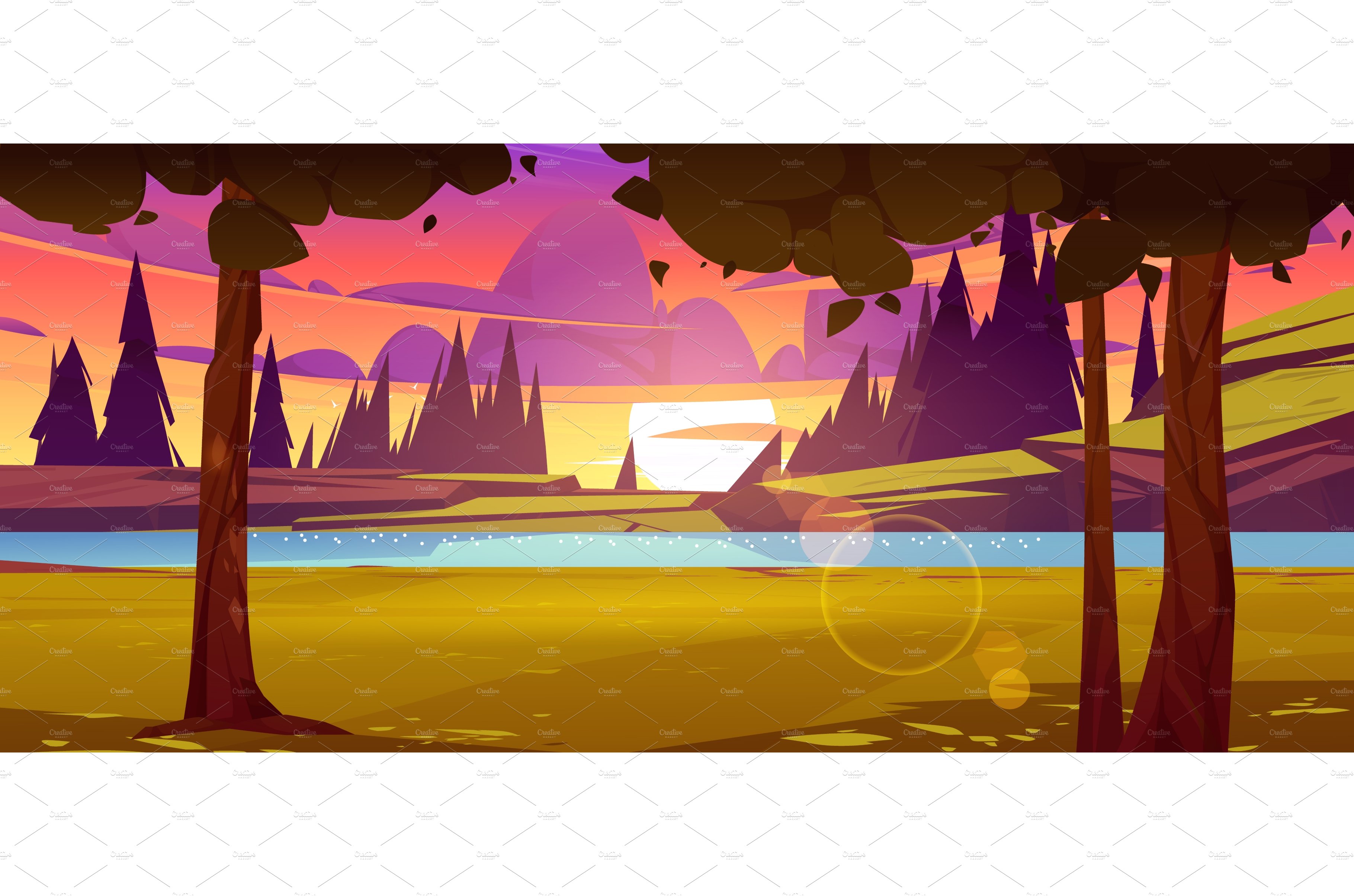 Sunset nature landscape, cartoon cover image.