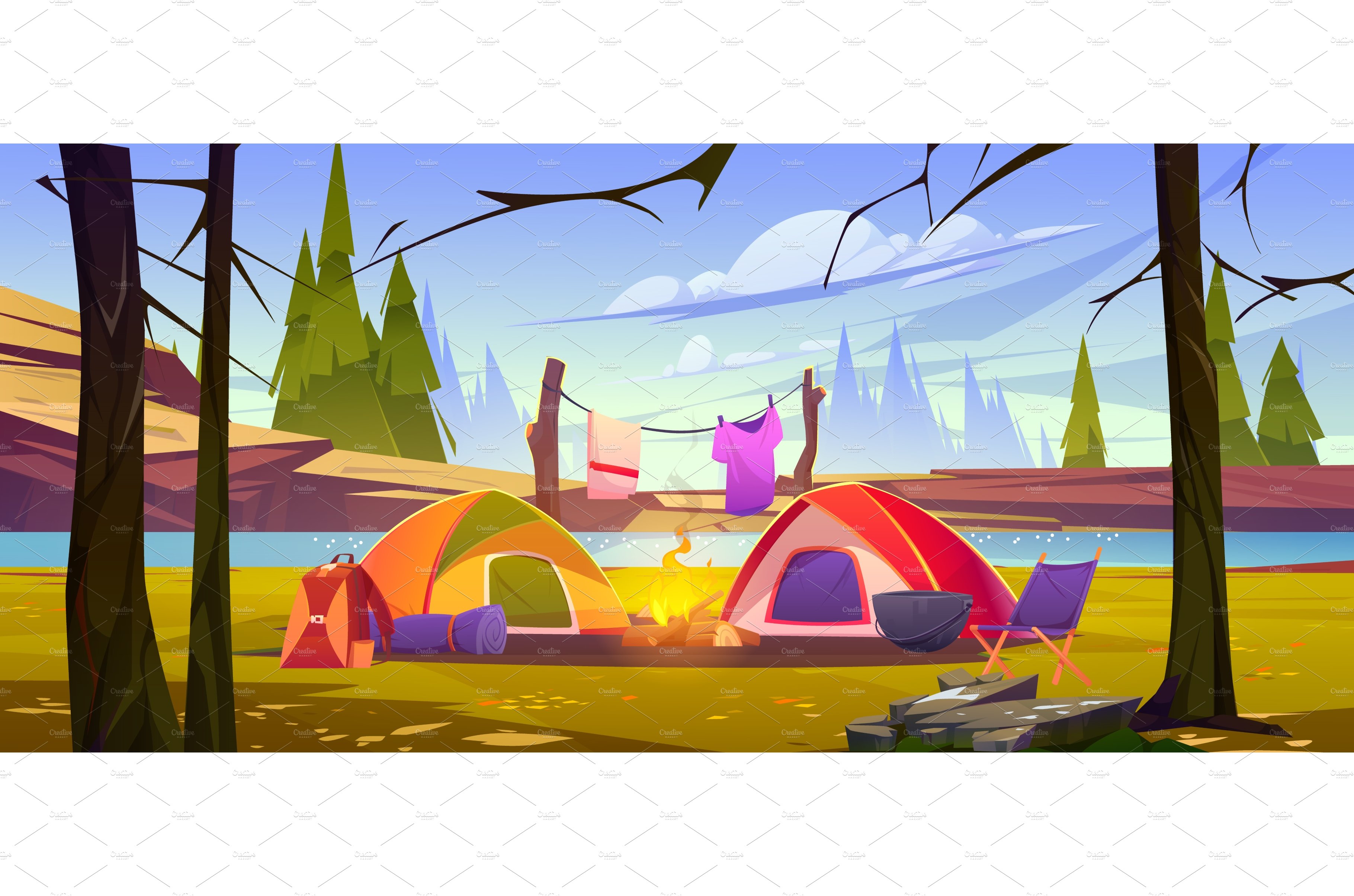 Camping tents with campfire in cover image.