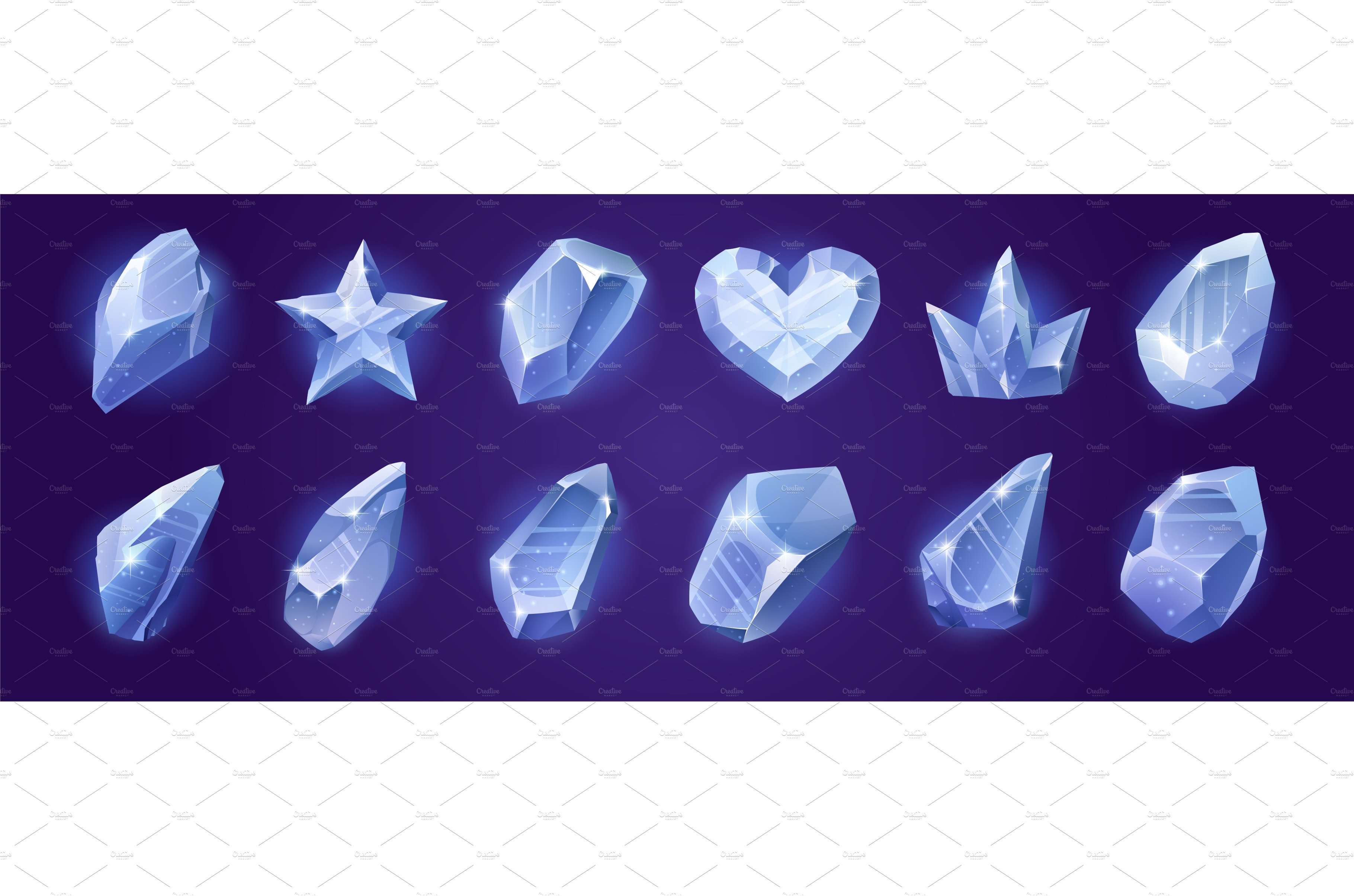 Game icons of diamond crystals, blue cover image.