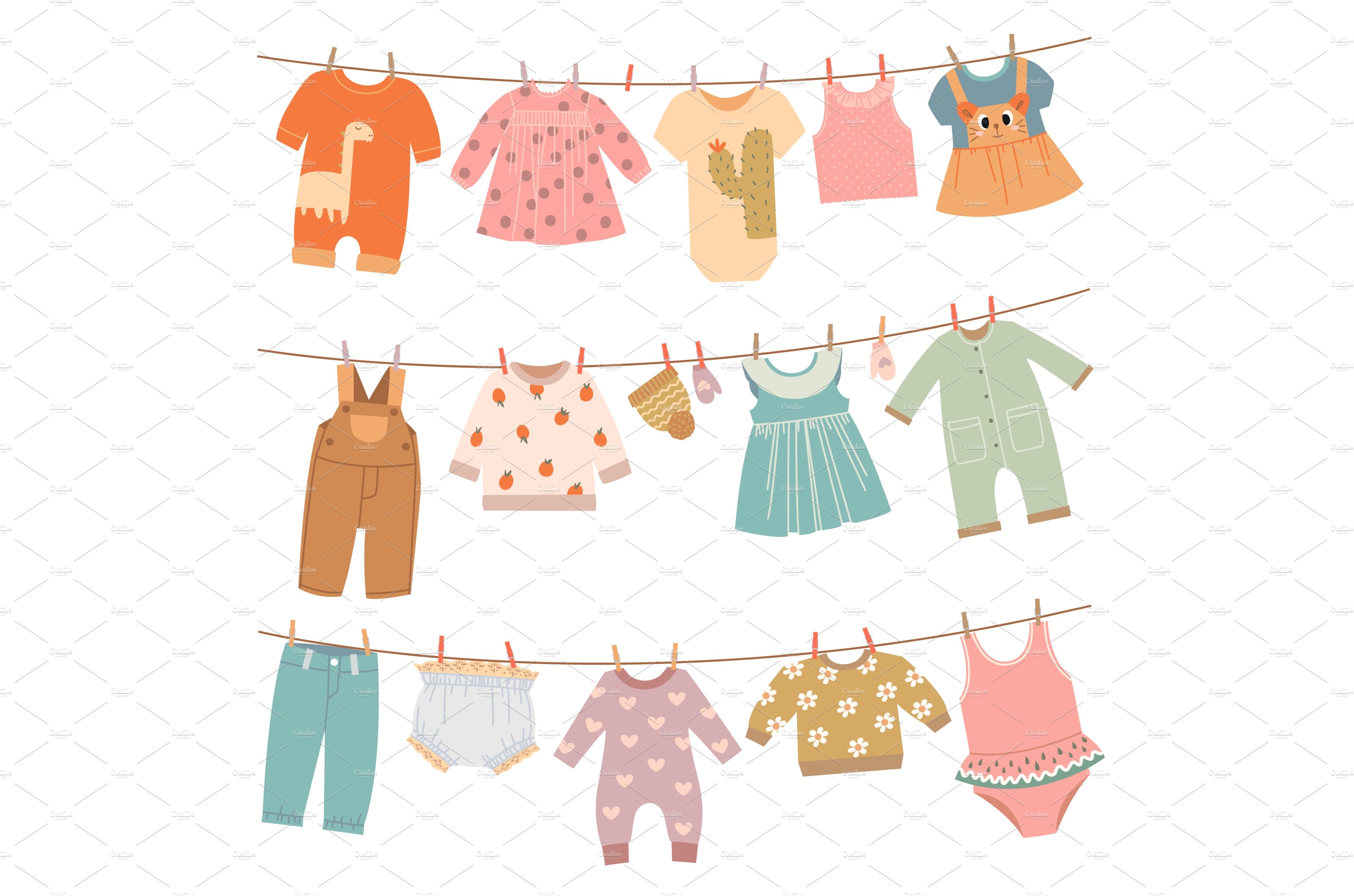 Clothes on ropes. Baby dress, infant cover image.