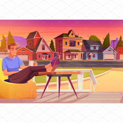 Man rest on wooden house porch in cover image.