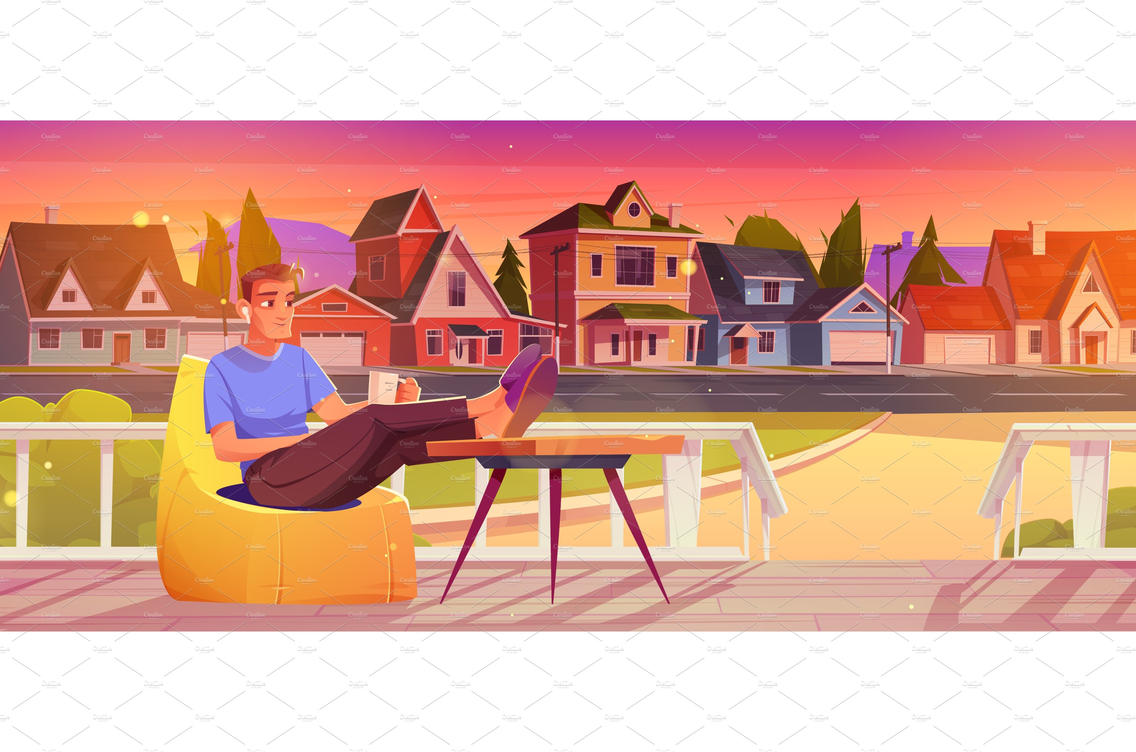 Man rest on wooden house porch in cover image.