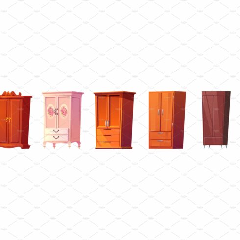 Cartoon cupboards set, wooden cover image.