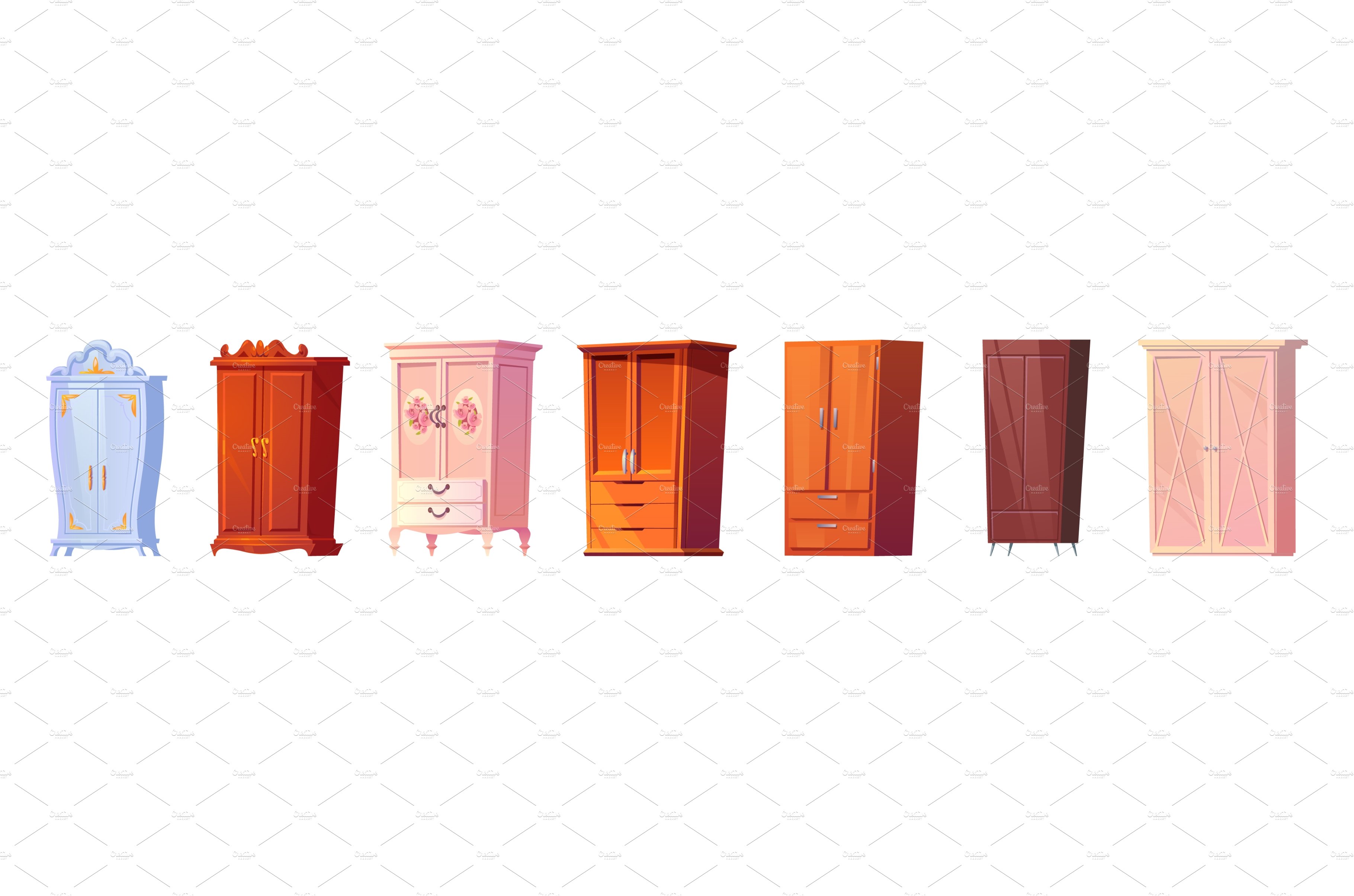 Cartoon cupboards set, wooden cover image.