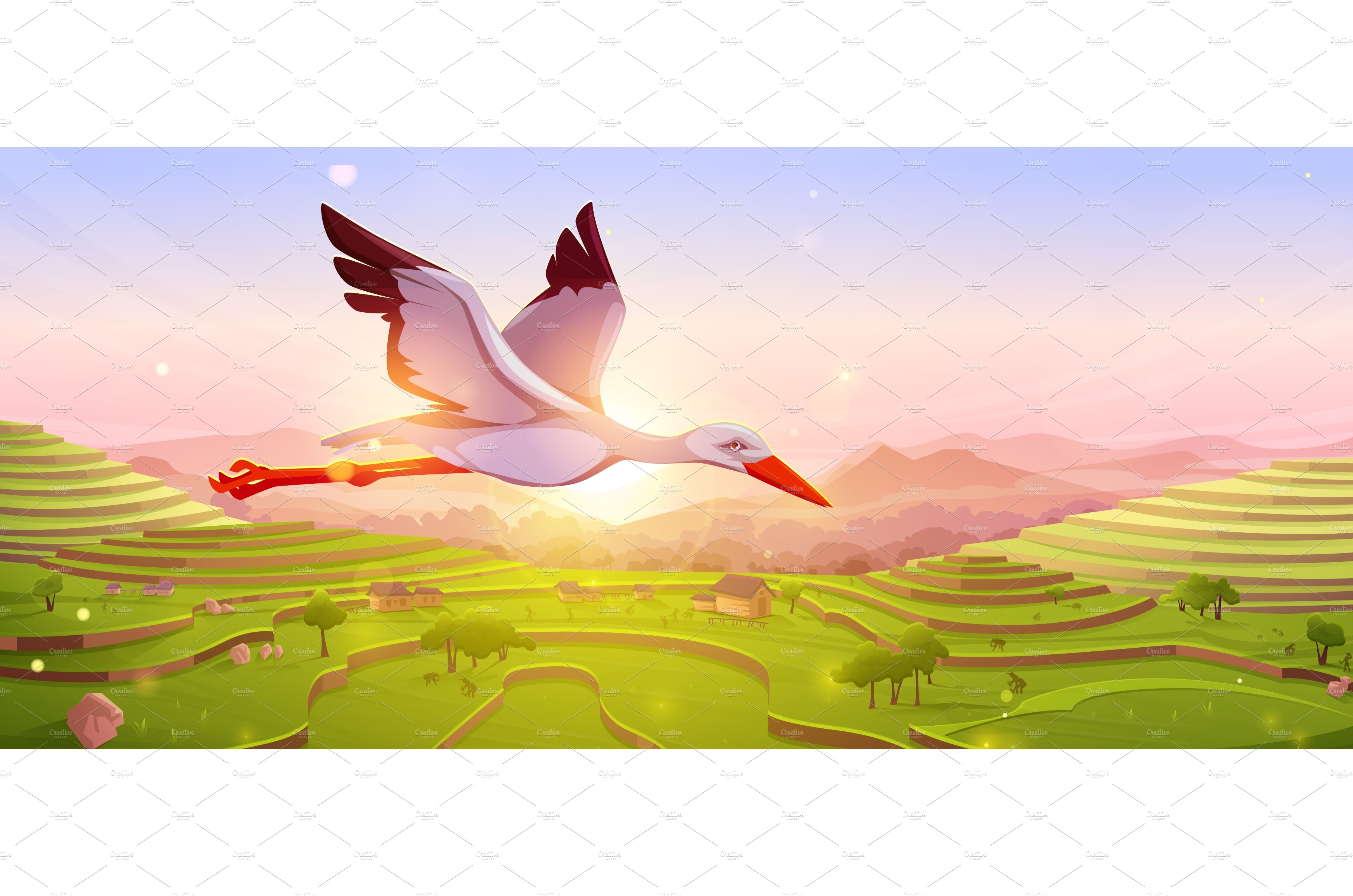 White stork flying in sky at sunset cover image.