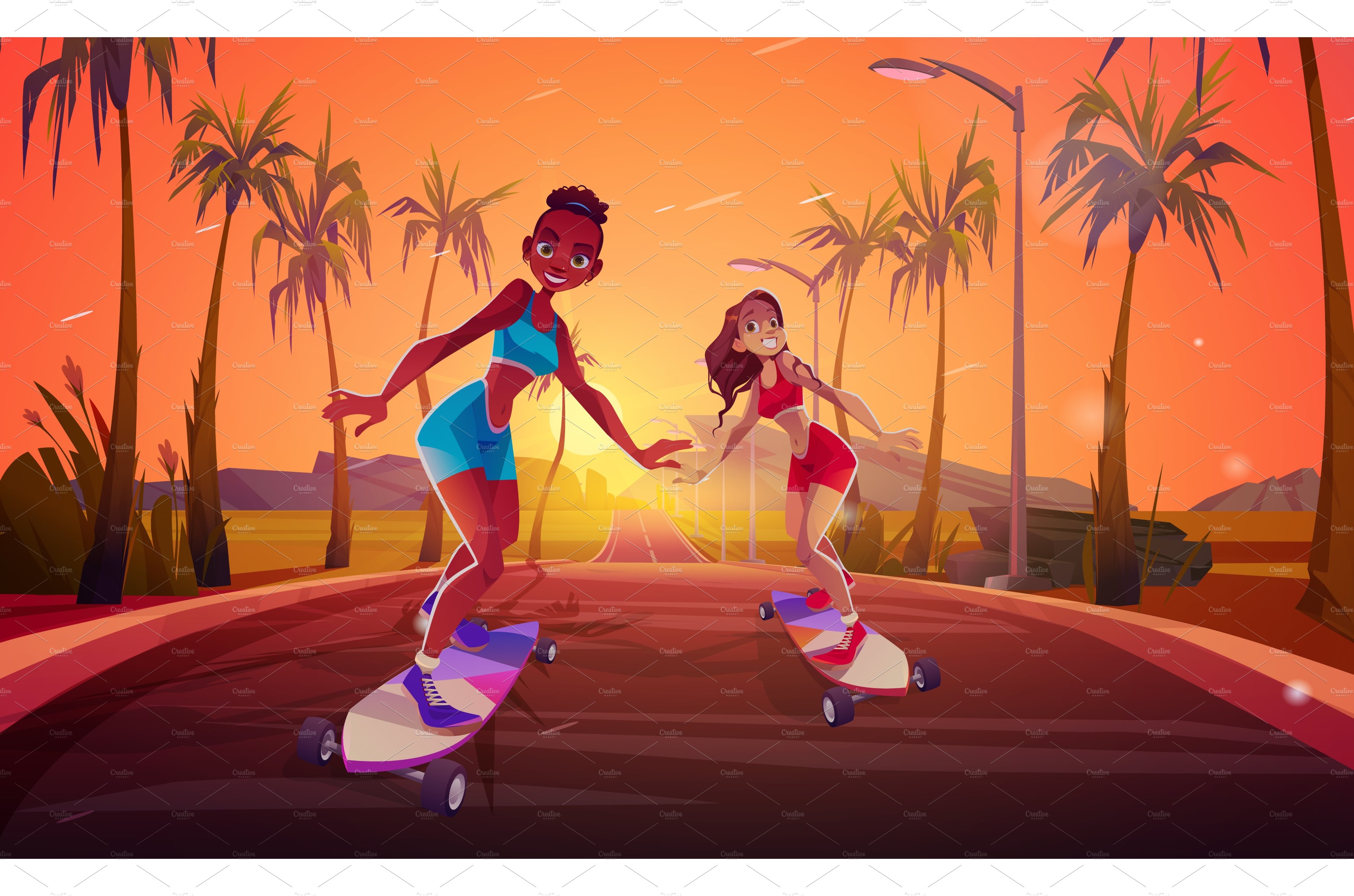 Happy girls riding on skateboard on cover image.