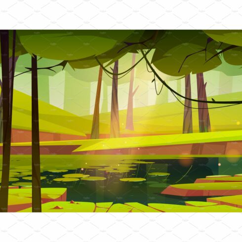 Summer forest with swamp or pond cover image.