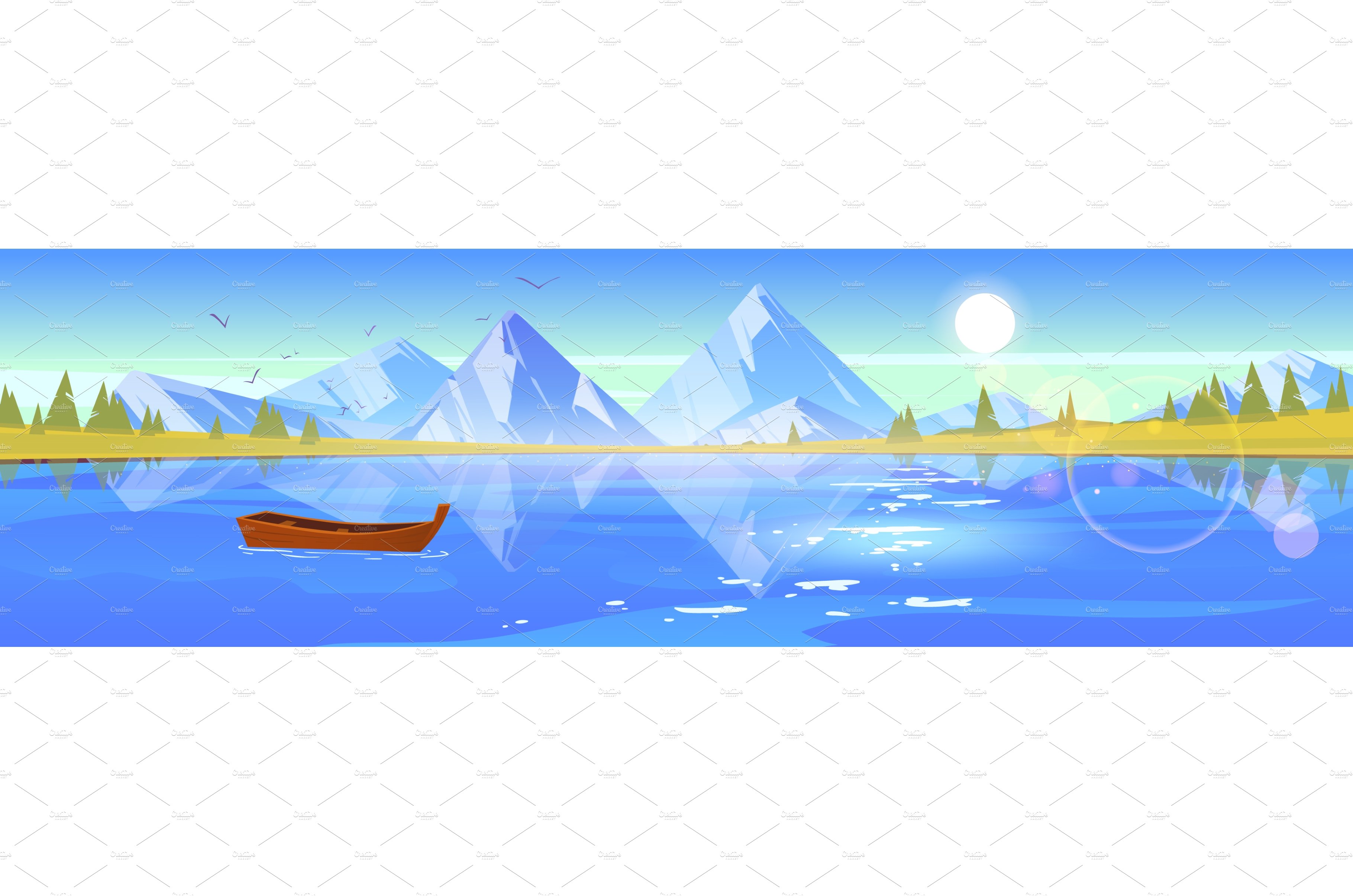 Landscape with lake with wooden boat cover image.