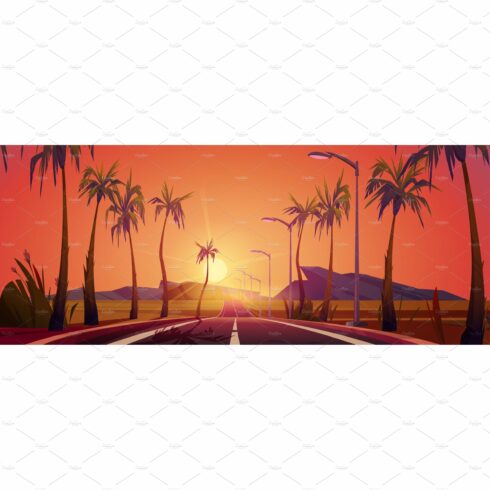 Sunset landscape road with palm cover image.