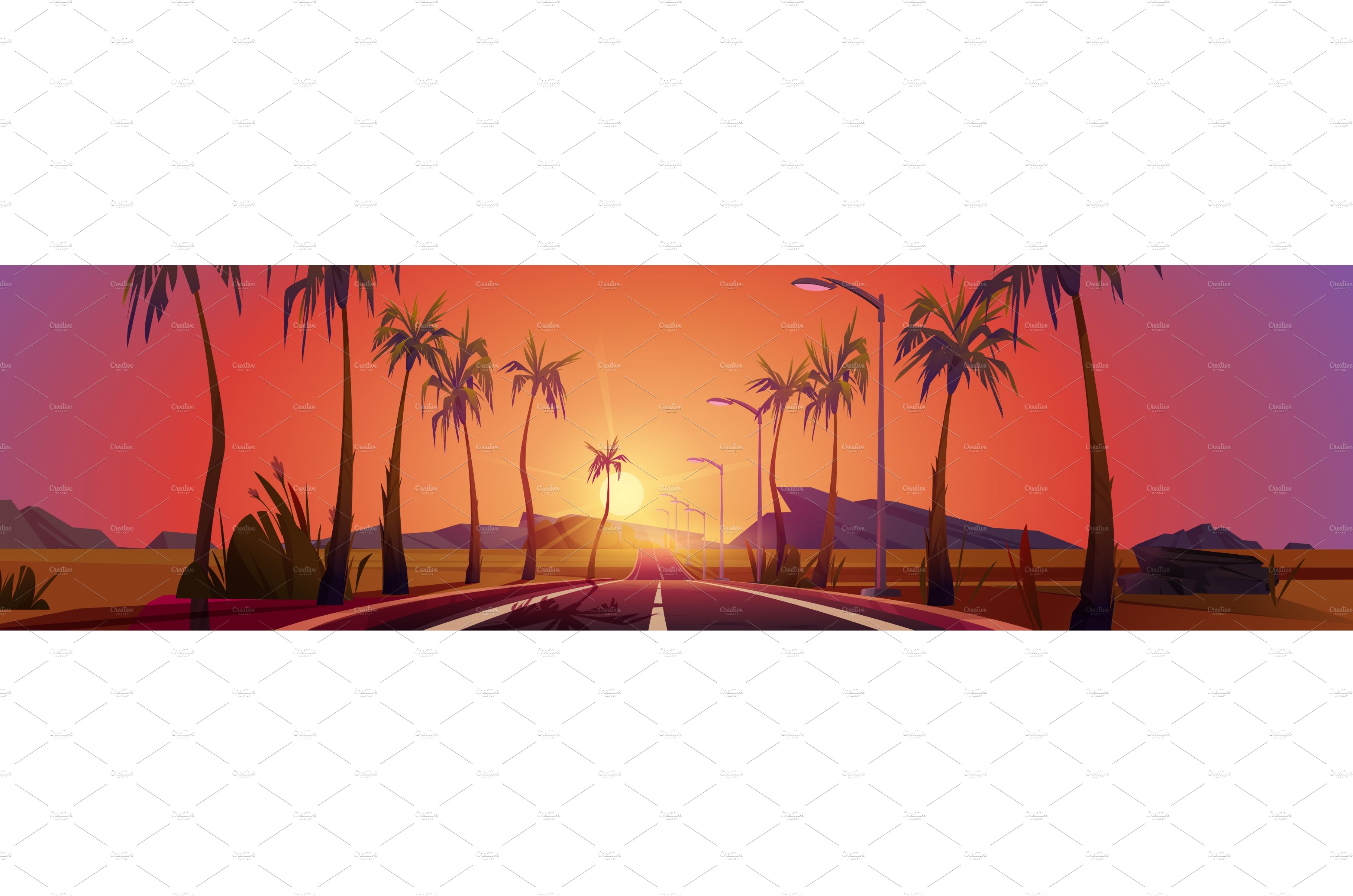 Sunset landscape road with palm cover image.