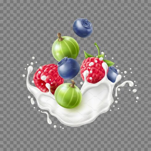 Realistic berry splash. Milk or cover image.