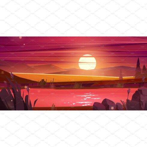 Sunset nature landscape, cartoon cover image.