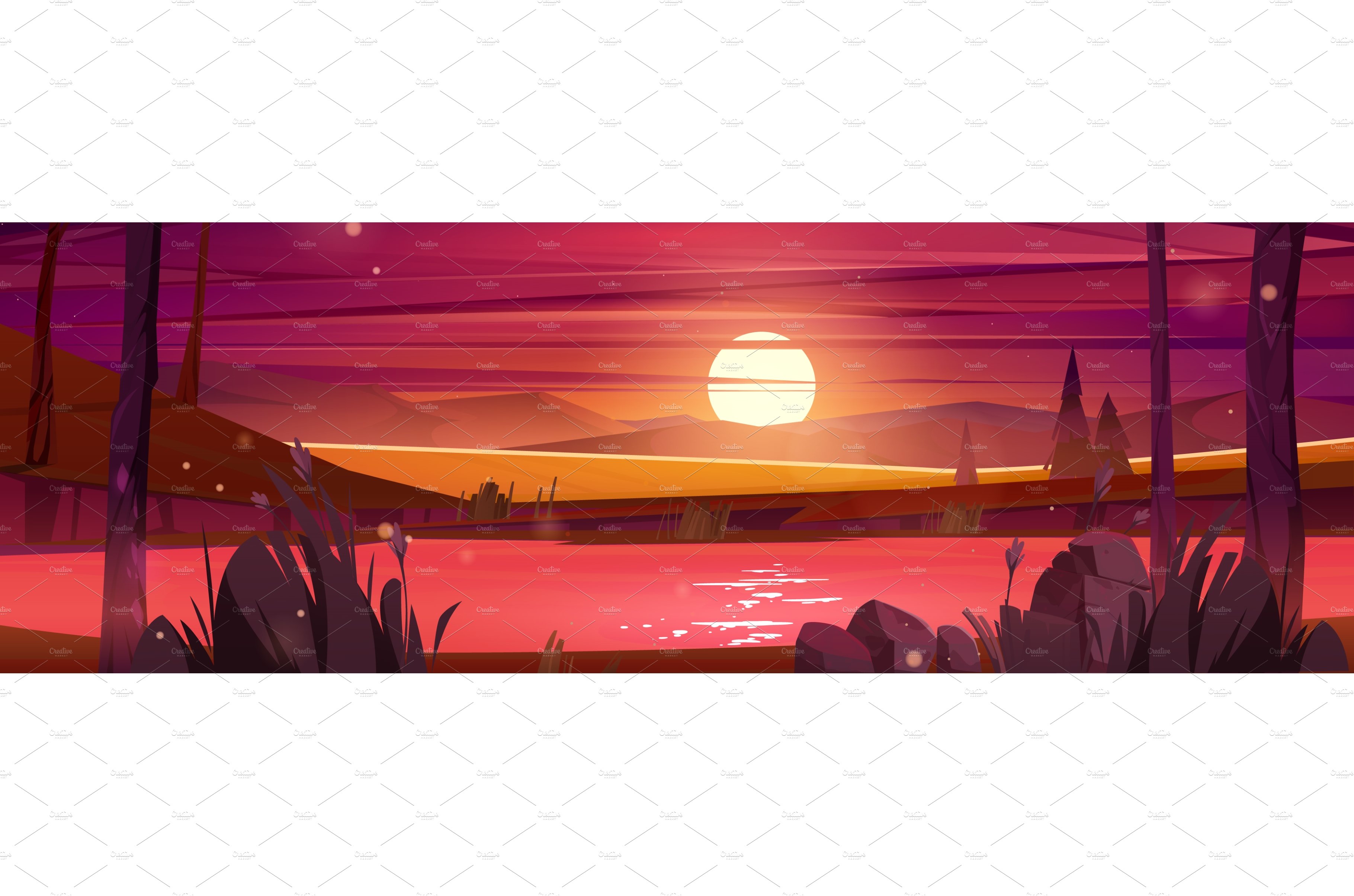 Sunset nature landscape, cartoon cover image.