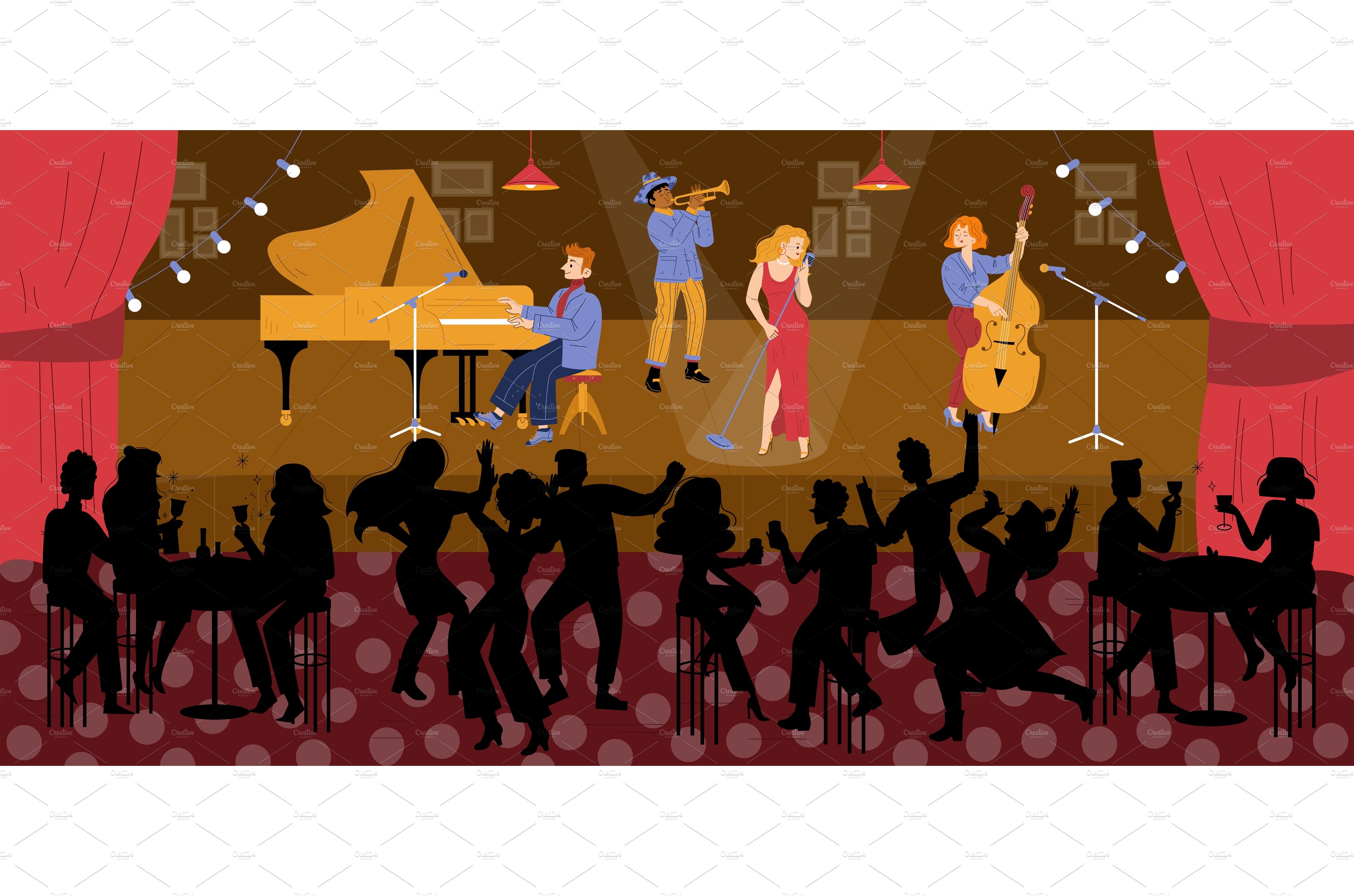 Jazz club with music band on stage cover image.