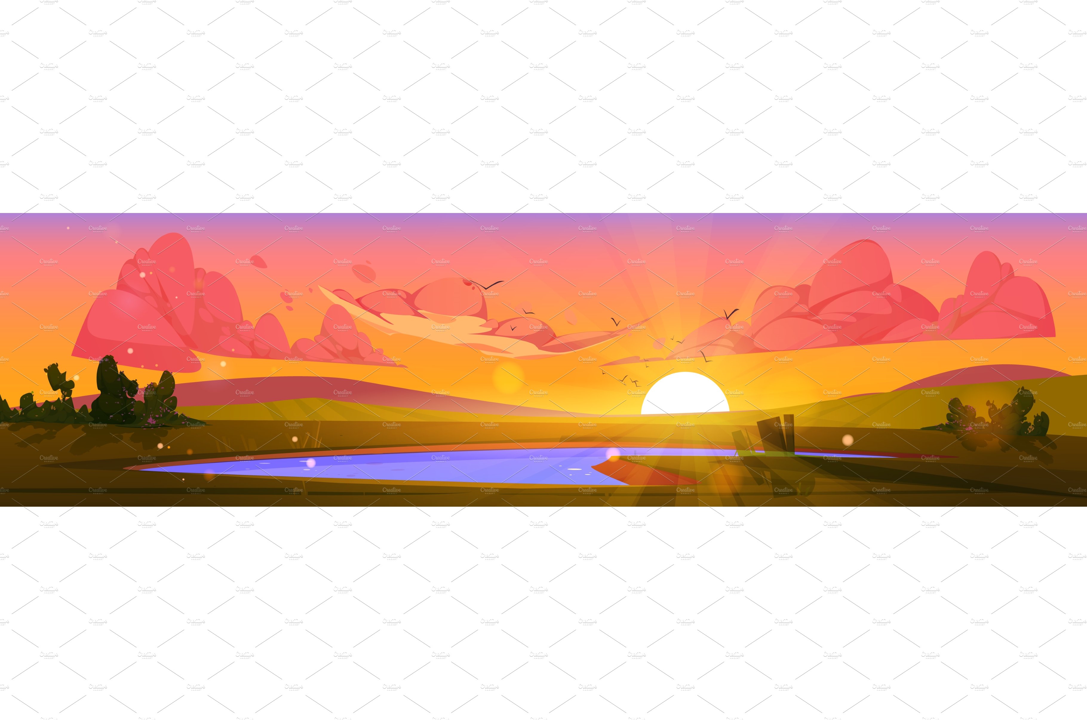 Cartoon nature landscape sunset cover image.