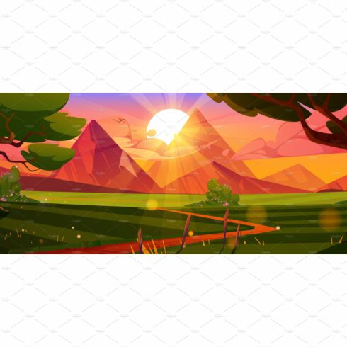 Cartoon nature landscape sunset cover image.