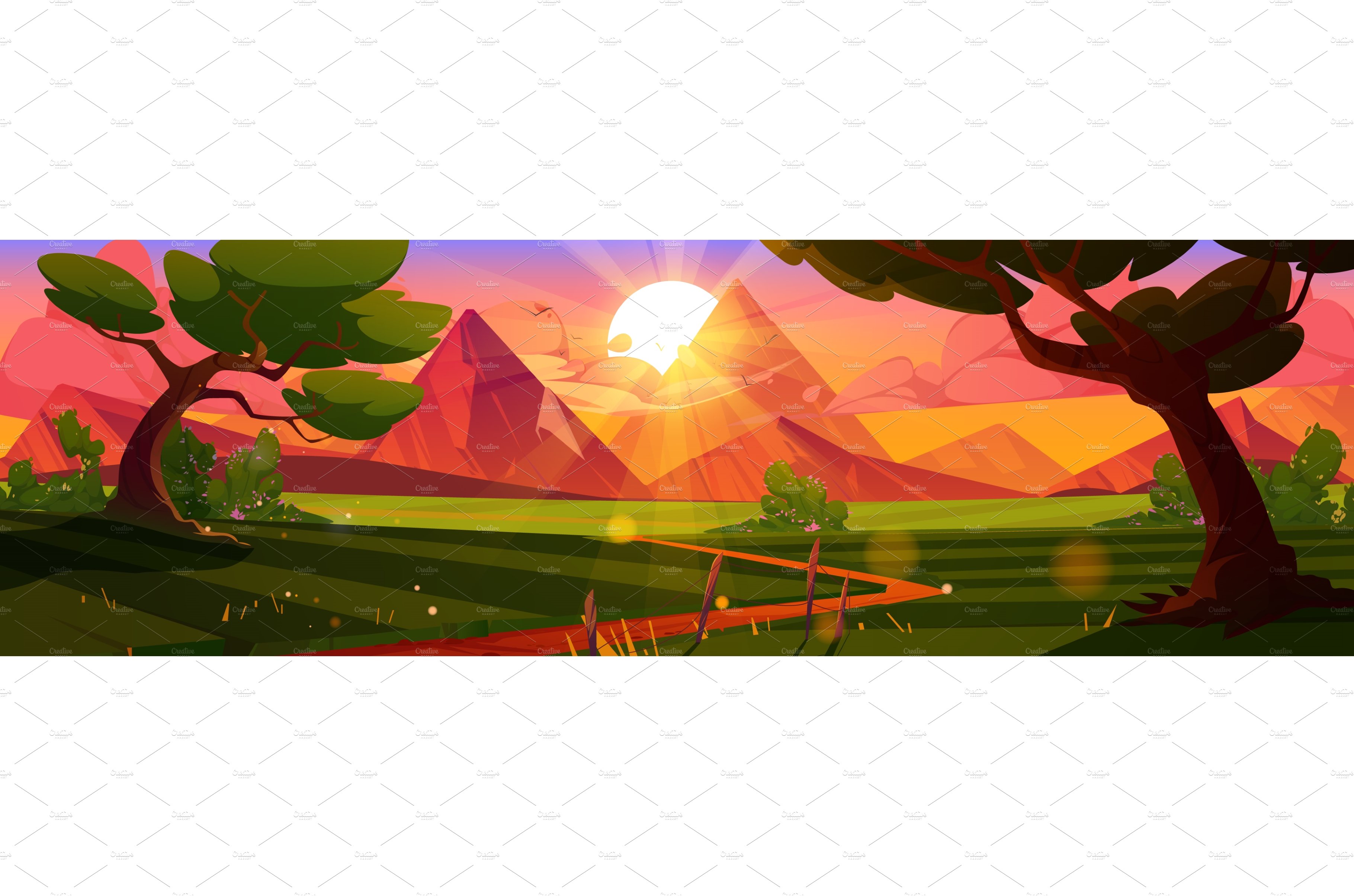 Cartoon nature landscape sunset cover image.