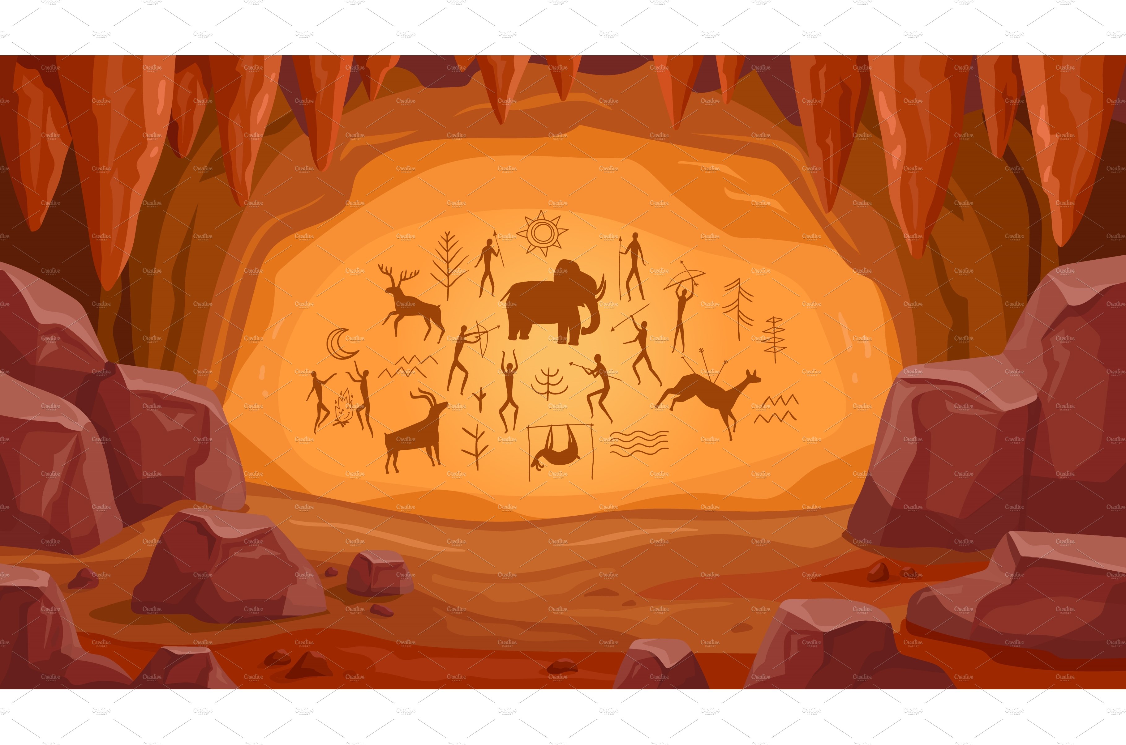 Prehistoric cave with paintings. Old cover image.